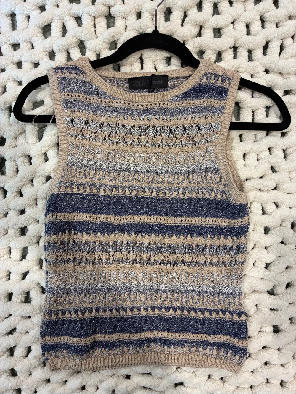 Zara Beige & Navy Striped Knit Sleeveless Vest